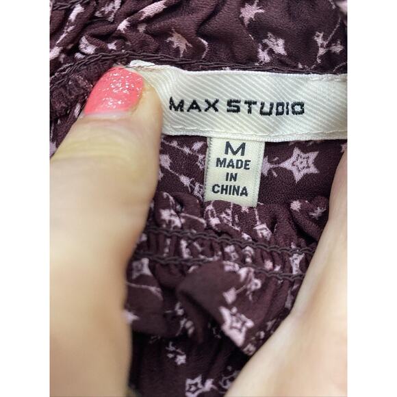Max Studio Size Medium Ruffle Blouse Smocked Neck & Sleeves In Burgundy Boho - Picture 13 of 13